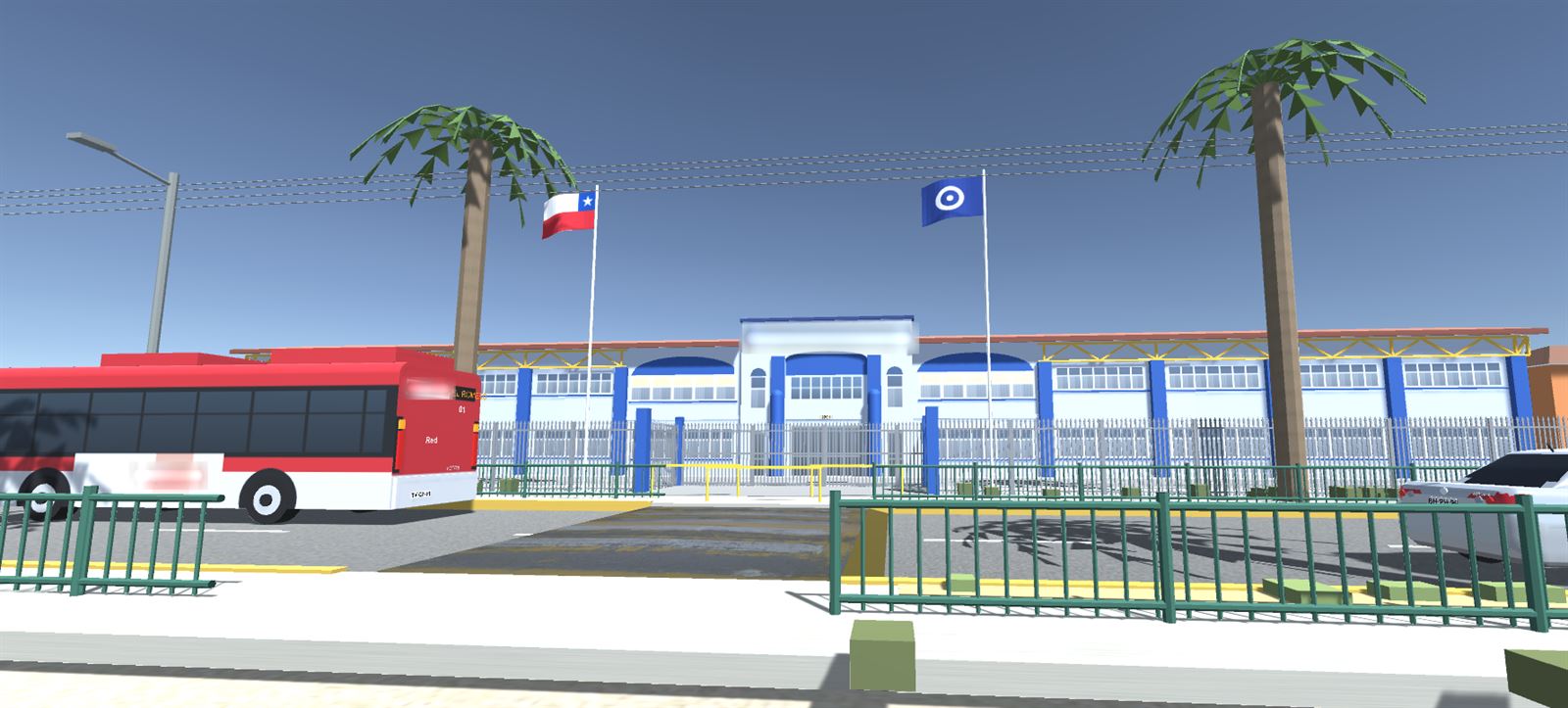 Escena del simulador Autonomía Segura VR: frontis del colegio visto desde la vereda, un bus detenido, palmeras, banderas y el cruce peatonal.